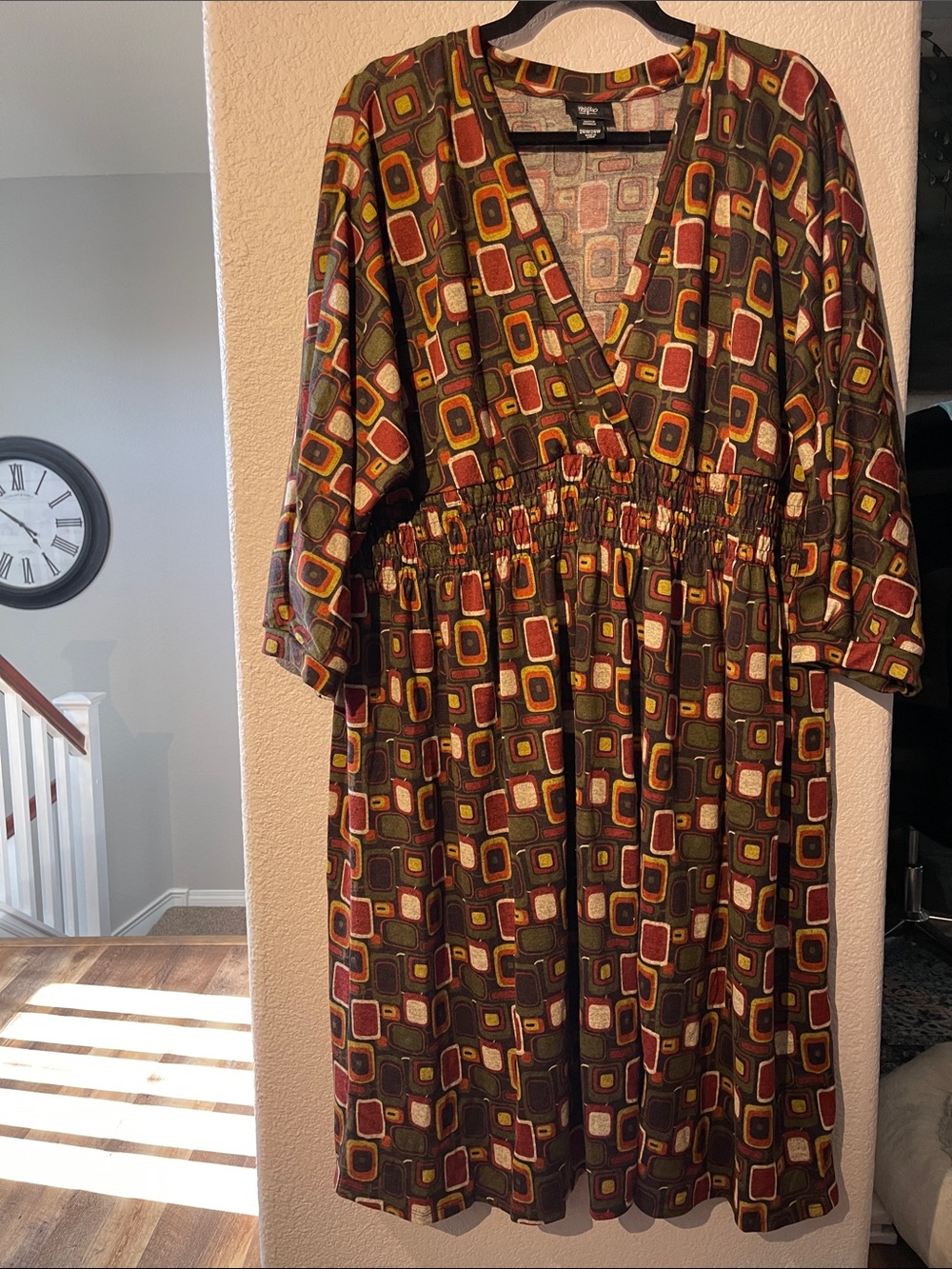 Massimo Olive Green Geometric Midi Dress with Rust and Mustard Accents